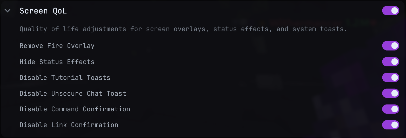 Screen QoL settings